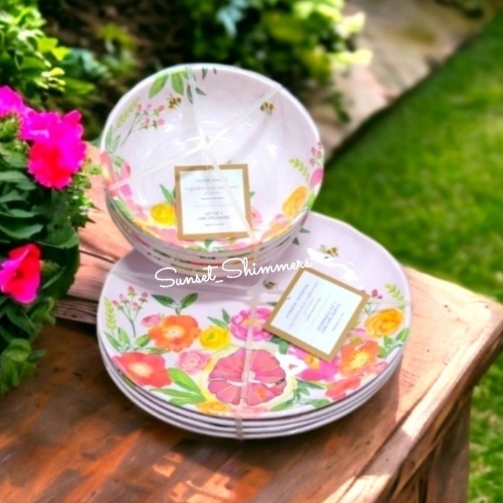 8 Floral HONEY BEE Grapefruit Melamine Dinner Plates & Bowls Cupcakes & Cashmere